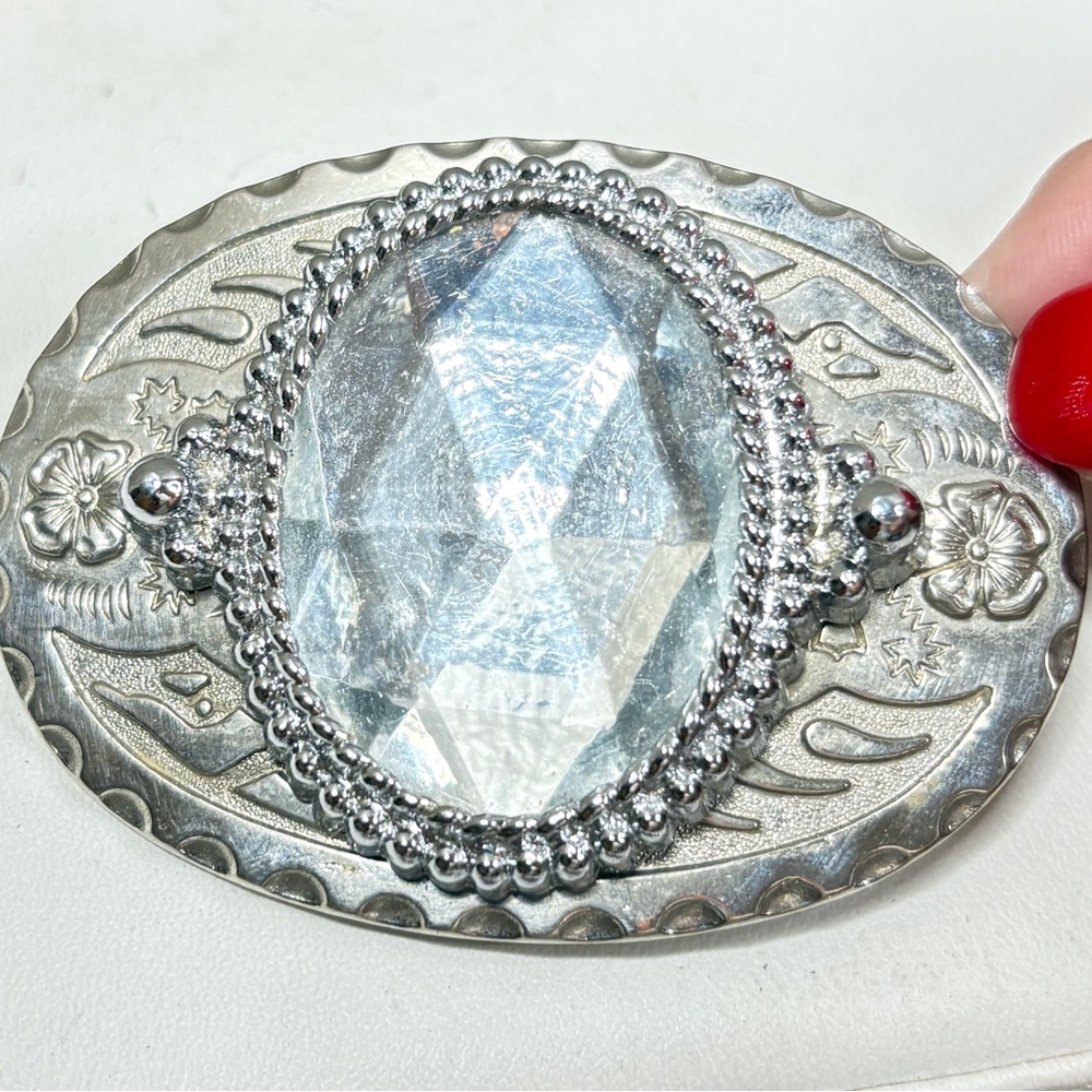 Vintage 1990s Silver-Tone Oval Crystal Brooch, Clear Faceted Stone Belt Buckle